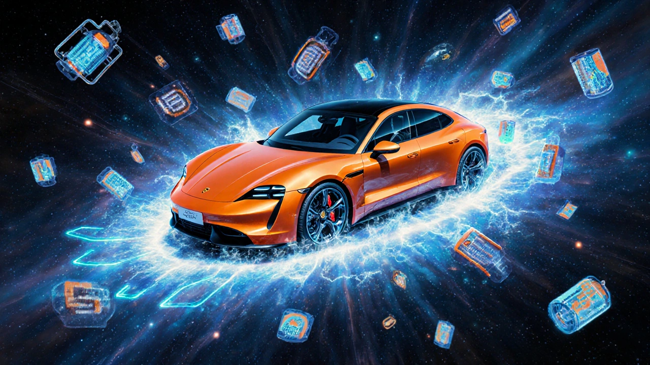 Porsche Taycan electric car emerging from a glowing energy vortex with digital elements.