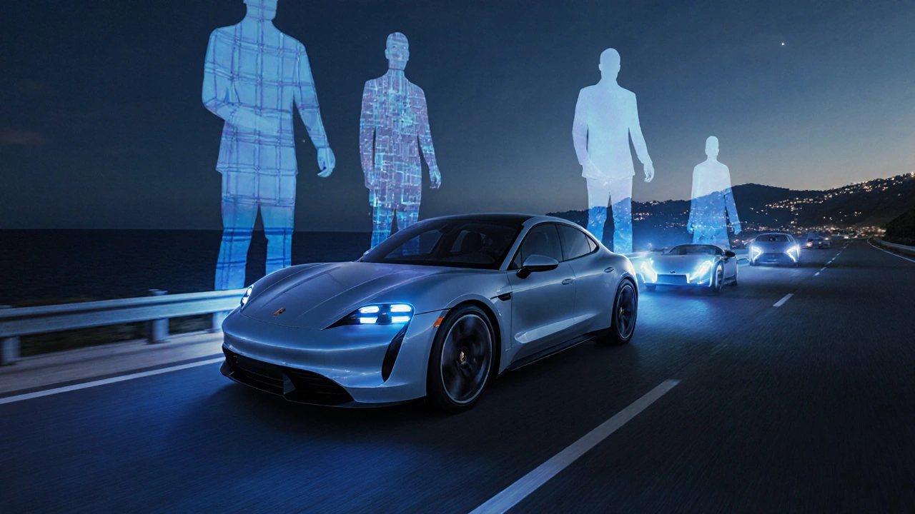 Porsche Taycan eléctrico en una carretera costera nocturna con siluetas de rivales.