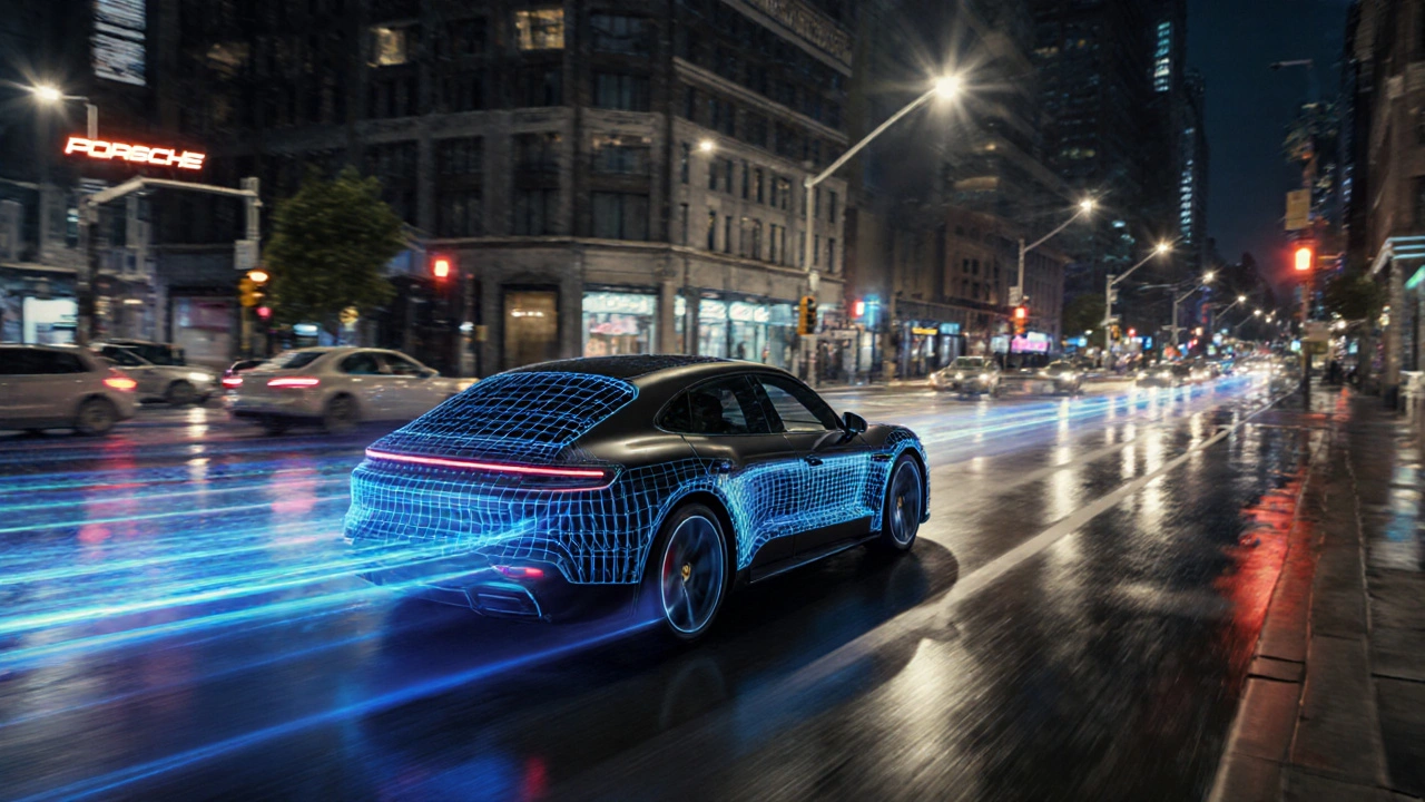 Porsche Taycan Turbo S II acelerando en una ciudad nocturna, con luces eléctricas y estelas azules.