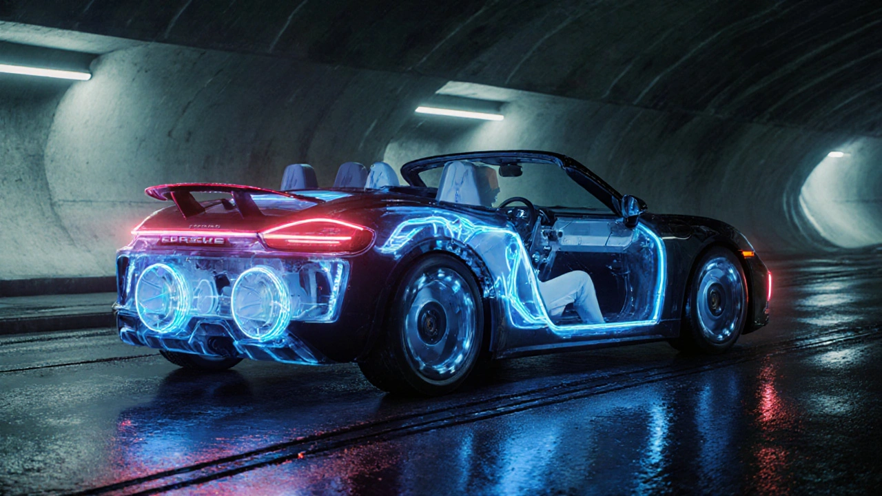 Prototipo Porsche 718 EV eléctrico con motores centrales visibles, diseño futurista y luces neón.