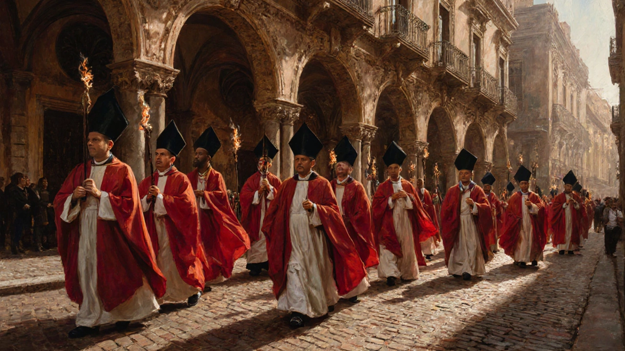 Sacerdotes en procesión en Sevilla llevando biretales negros, bajo arcos barrocos, con túnicas blancas y rojas, en la Semana Santa.