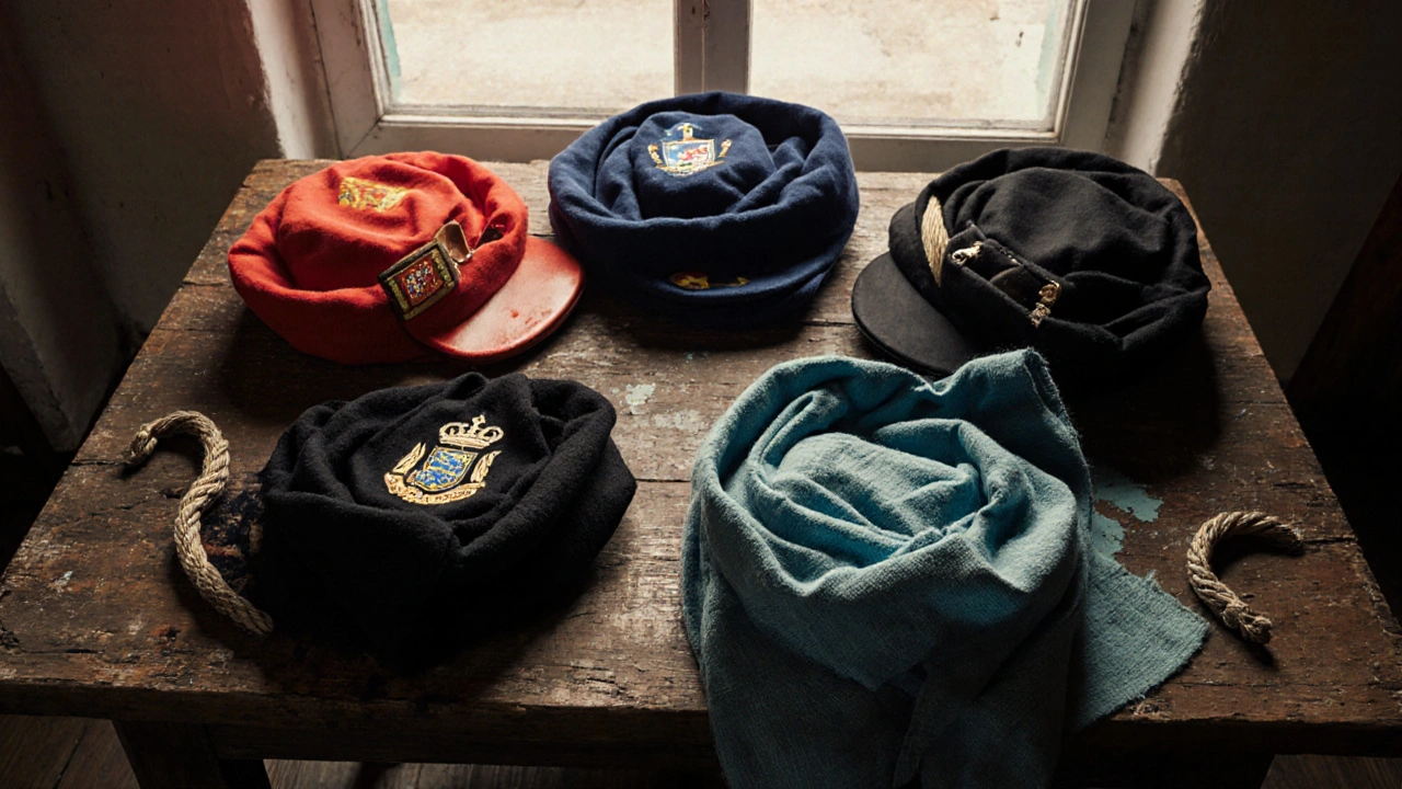 Seis tipos de boinas sobre madera, cada una con detalles simbólicos de su origen.