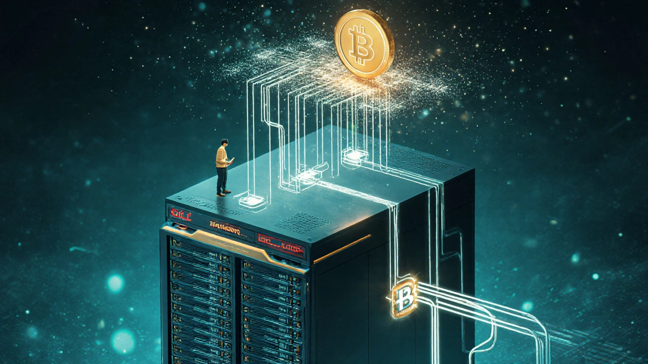 Servidor de base de datos conectado a una red blockchain, con datos personales borrados y un hash registrado en la cadena.