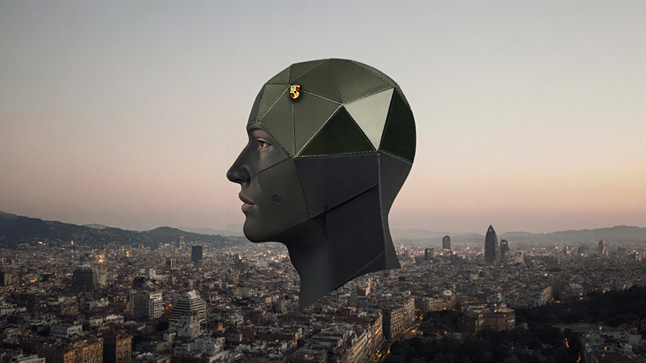 Silueta de cabeza con patrones geométricos que representan diseño premium, sobre ciudades españolas al atardecer.