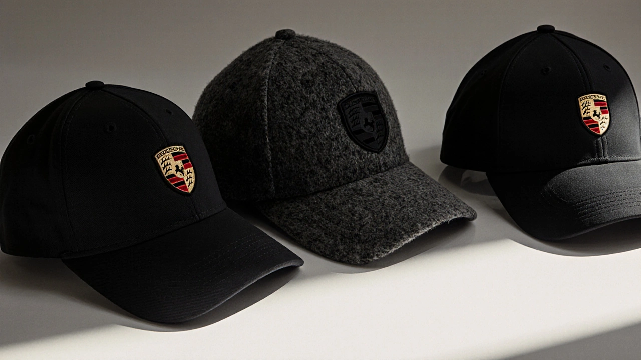 Tres gorras originales de Porsche: béisbol, lana y diseño minimalista, colocadas en orden.