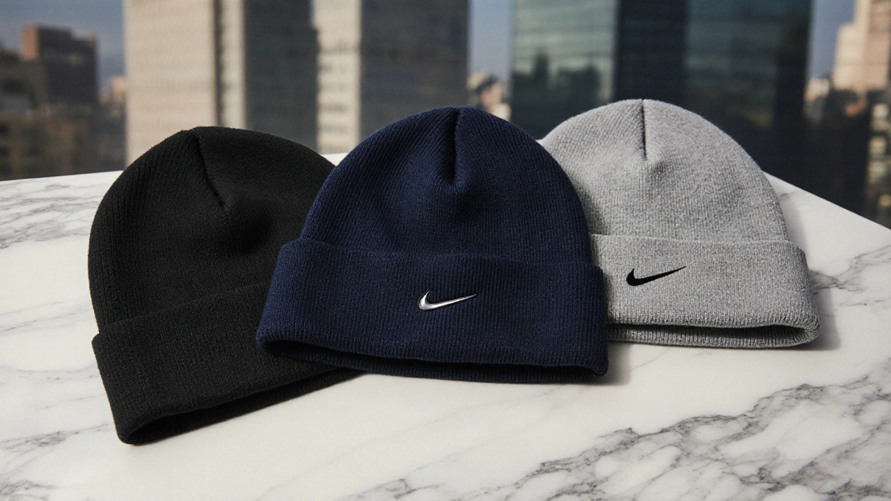 Tres gorros sin visera de lujo colocados sobre mármol: Porsche, Nike y Uniqlo, destacando sus texturas y detalles sutiles.