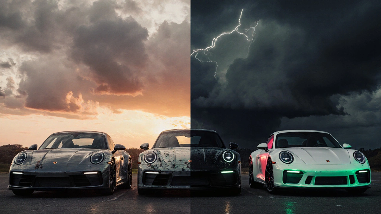 Tres Porsche 992 en fila representando valor, riesgo y sobreprecio en el mercado usado.