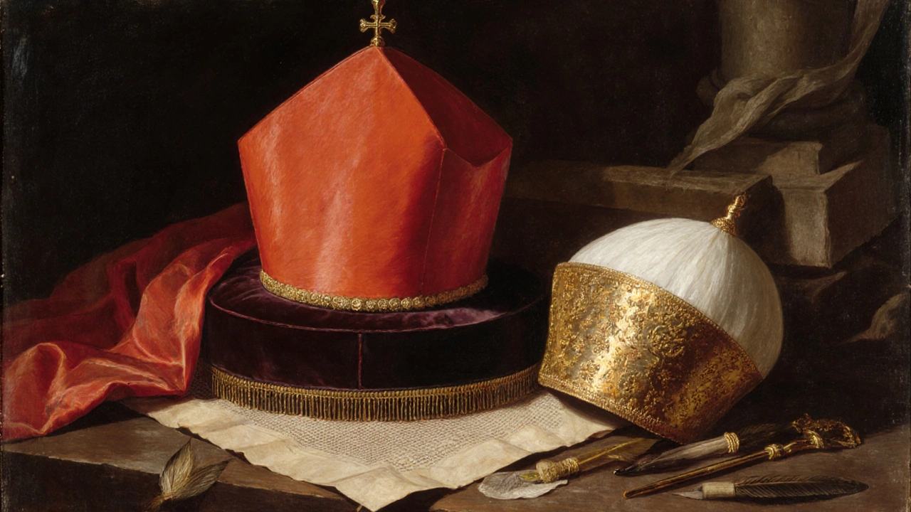 Un biretum rojo de cardenal sobre cojín de terciopelo junto a una mitra y objetos de taller litúrgico en una talla vaticana.