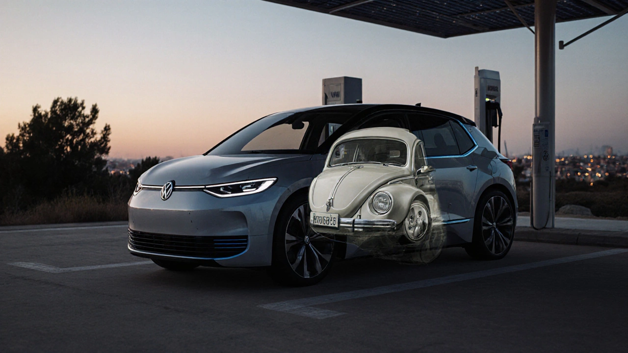 Un Volkswagen ID.3 cargando bajo la luz del amanecer, con el diseño del Beetle como fondo.