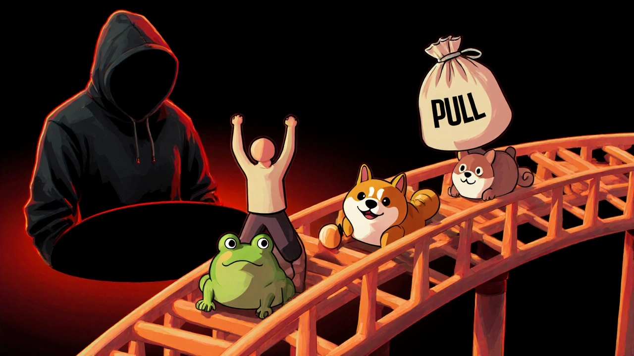 Una montaña rusa hecha de memes con una figura montándola, mientras una sombra deja caer una bolsa etiquetada como &#039;RUG PULL&#039; en un agujero negro.