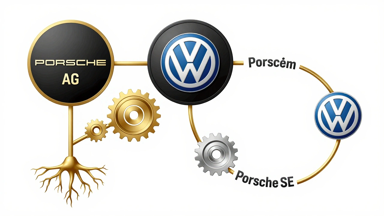 Árbol genealógico metálico mostrando la relación circular entre Porsche, Volkswagen y la familia Porsche.