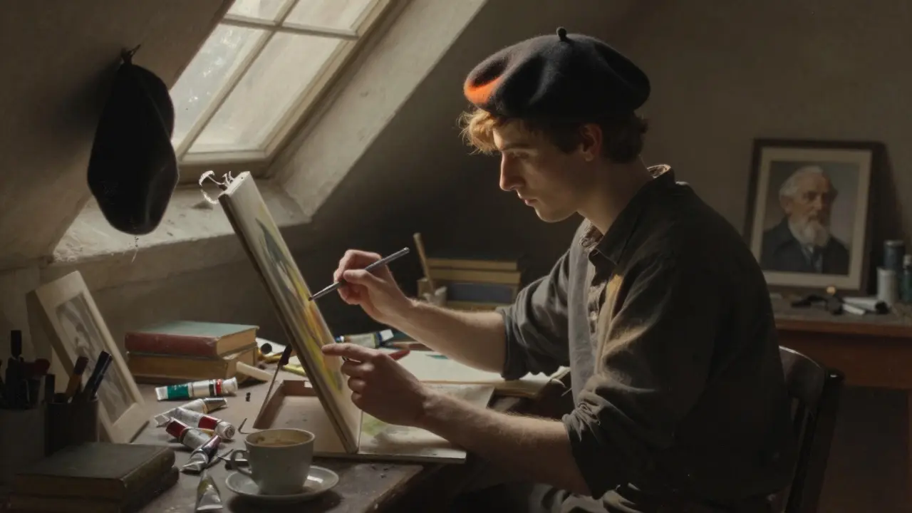 Artista joven en su estudio con boina oscura, pintando mientras la luz del sol ilumina su espacio.