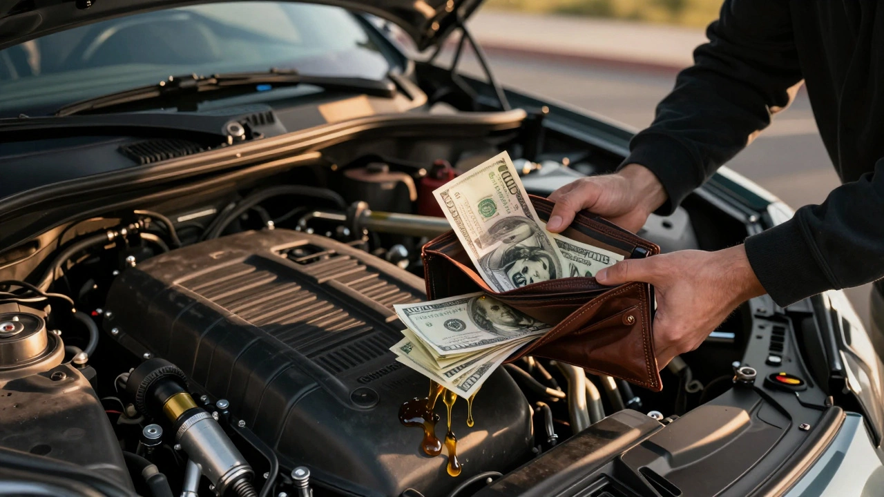 Billetera vaciándose en el motor de un Porsche, billetes se convierten en piezas de repuesto.