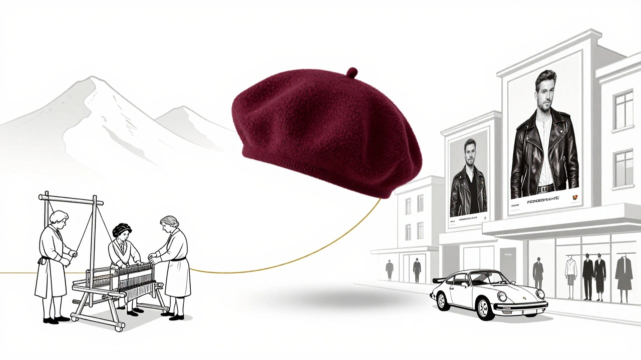 Boina flotante entre escenas tradicionales vascas y moda urbana moderna, conectadas por un hilo de lana.