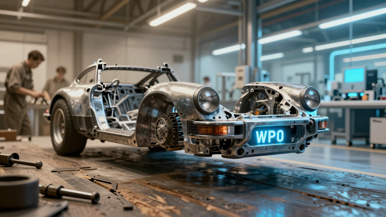 Chasis de Porsche 911 con número WP0 y fondo histórico vs moderno.