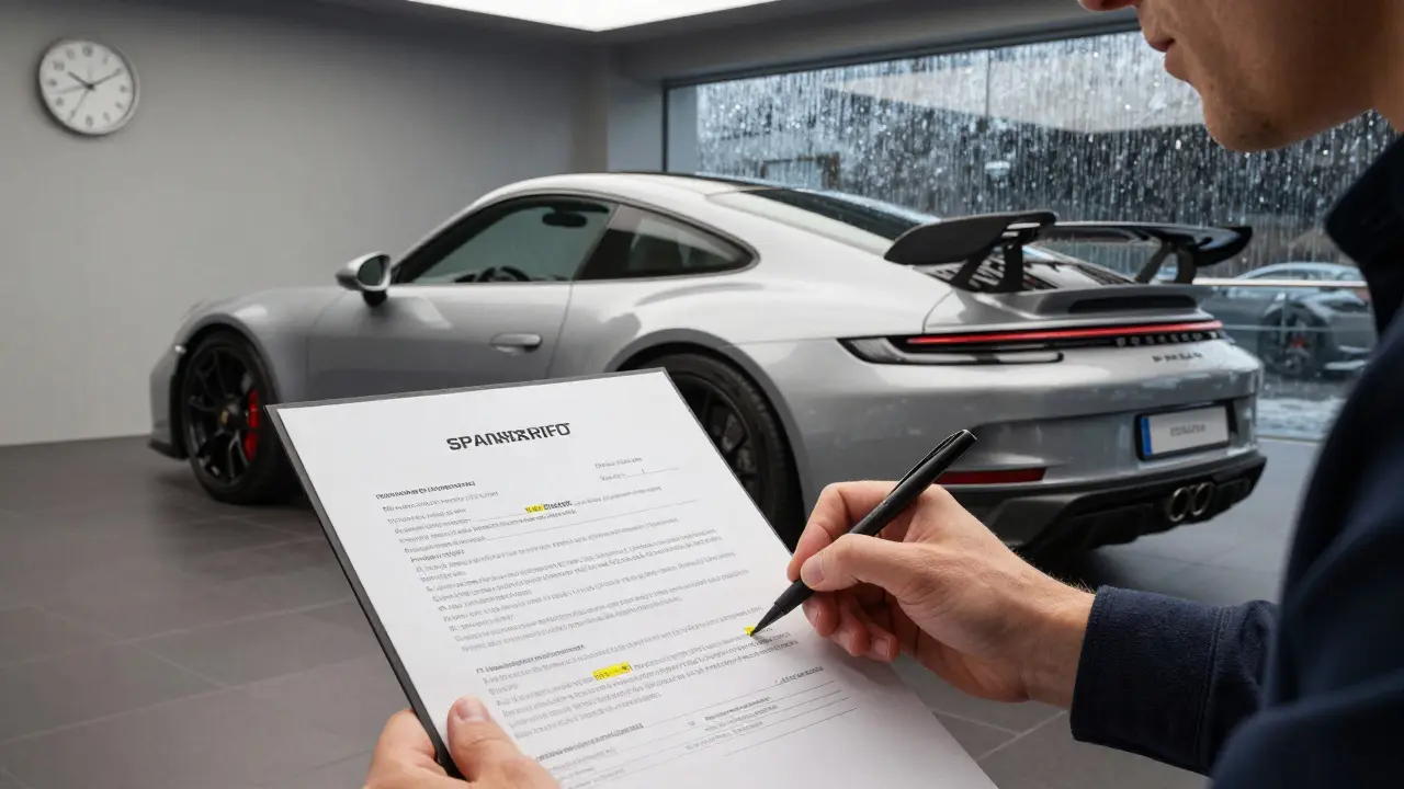 Cliente firmando contrato en concesionario Porsche mientras espera un 911 GT3 con reloj indicando 6 meses de espera.