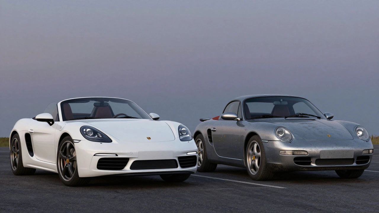 Comparación artística entre un Porsche 718 Boxster nuevo y un modelo antiguo 987 bajo el cielo crepuscular.