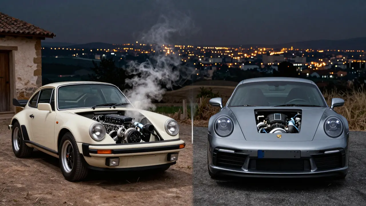 Comparación conceptual entre un motor air-cooled de los 80 y un turbo moderno, conectados por humo de evolución.