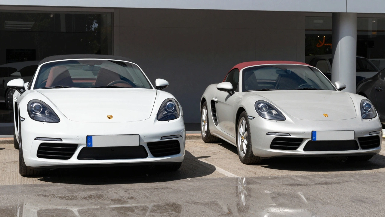 Comparación visual entre un Porsche 718 Boxster nuevo y uno de 2017 en un concesionario, destacando evolución y durabilidad.
