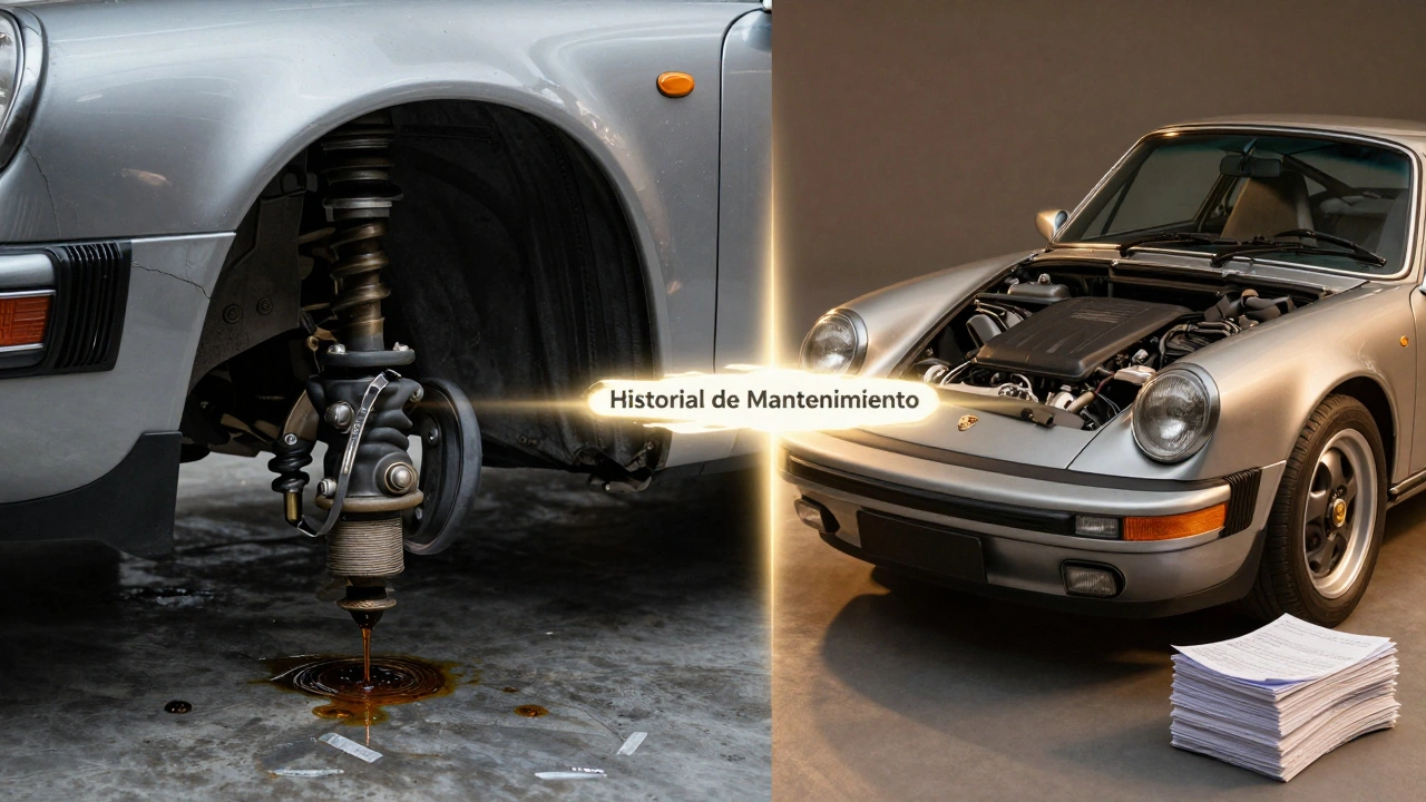 Comparación visual: Porsche descuidado a la izquierda y bien mantenido a la derecha, con historial de servicio como eje central.