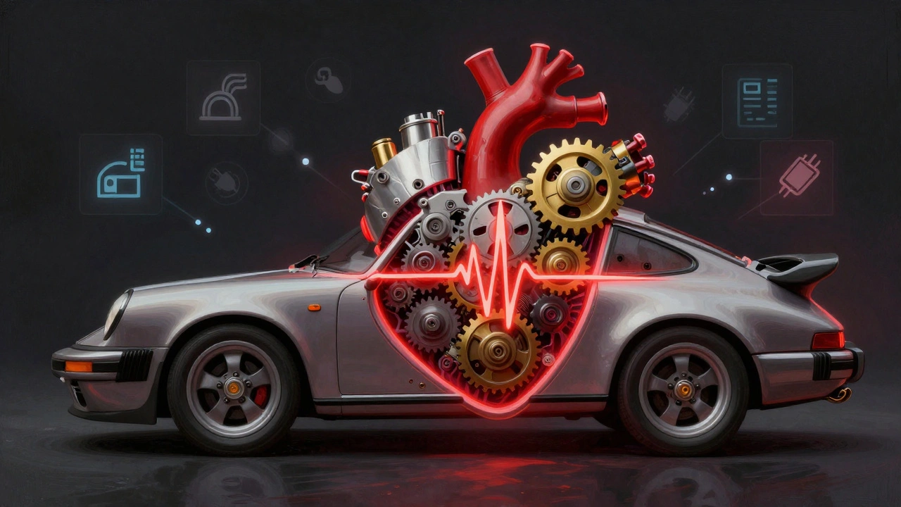 Corazón mecánico dentro de un Porsche 911 GT3, simbolizando el último motor aspirado antes de la electrificación.