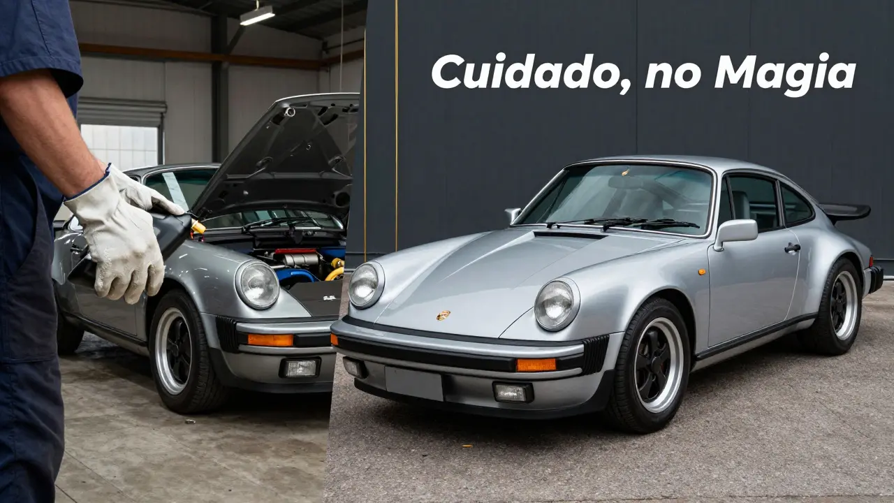 Dos generaciones de Porsche 911 conectadas por un hilo dorado: uno antiguo en mantenimiento, otro moderno con alto kilometraje.