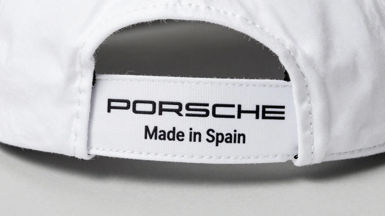 Etiqueta interior de tela de gorra Porsche con texto en mayúsculas y costura doble perfecta.