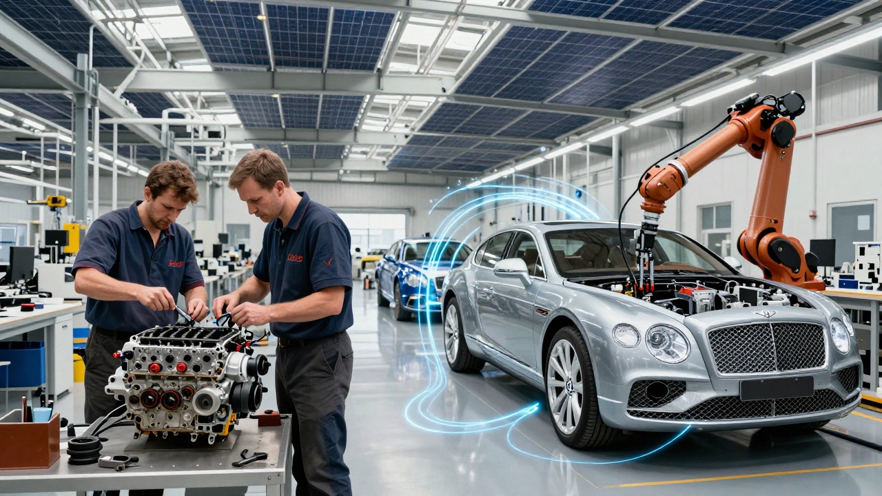 Fábrica dividida: artesanos alemanes construyen un motor Porsche junto a robots que lo instalan en un Bentley.