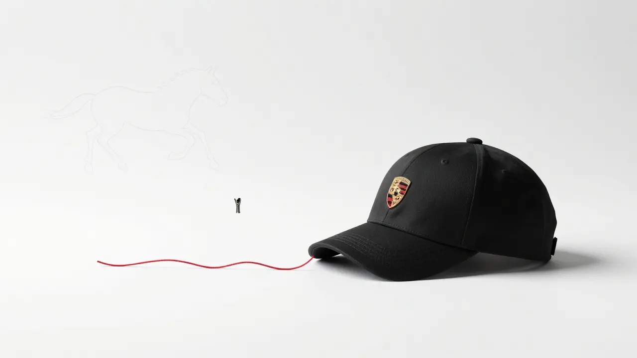 Gorra negra de Porsche en superficie blanca con detalles sutiles de hilo y forma de caballo.