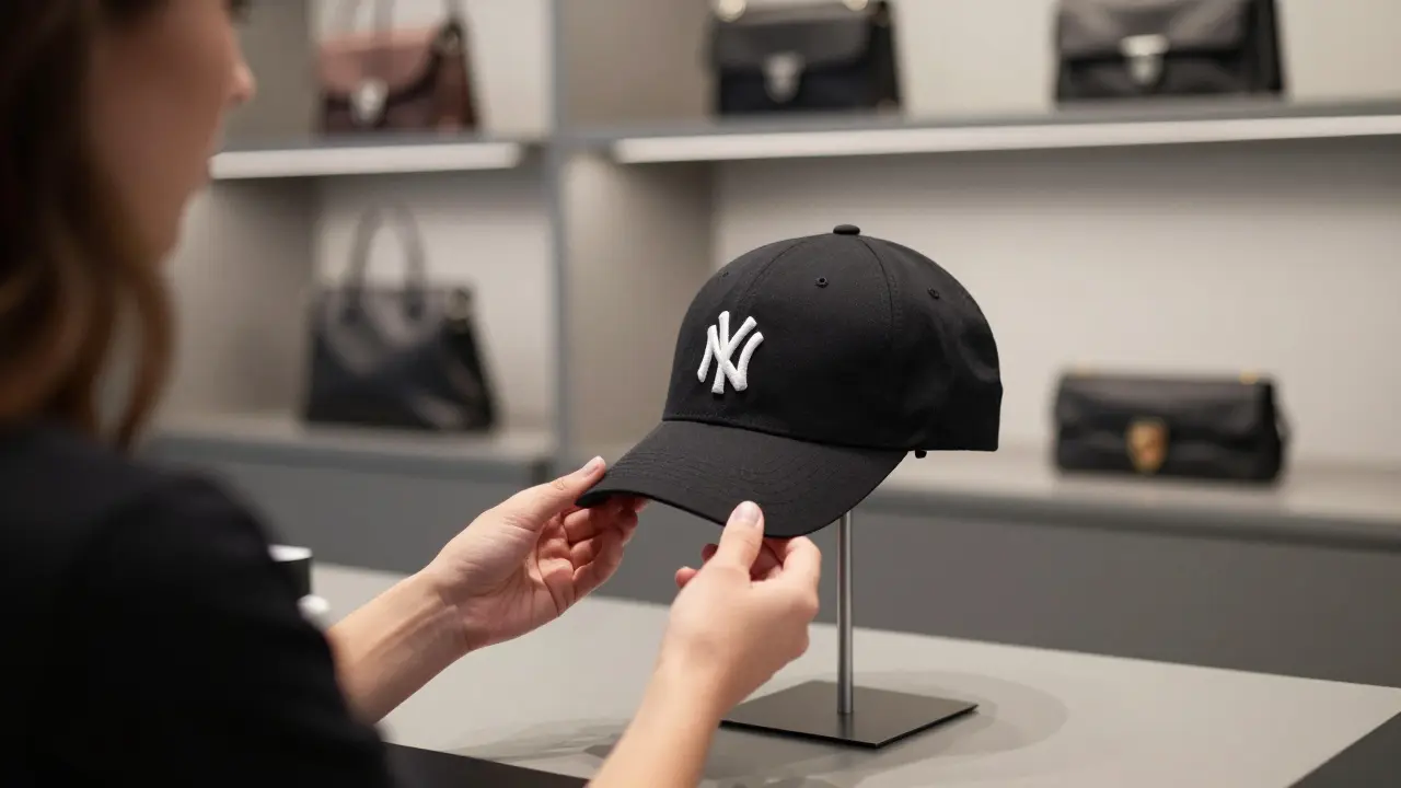 Gorra Porsche NY en exhibición en una tienda elegante de Madrid, iluminada suavemente.