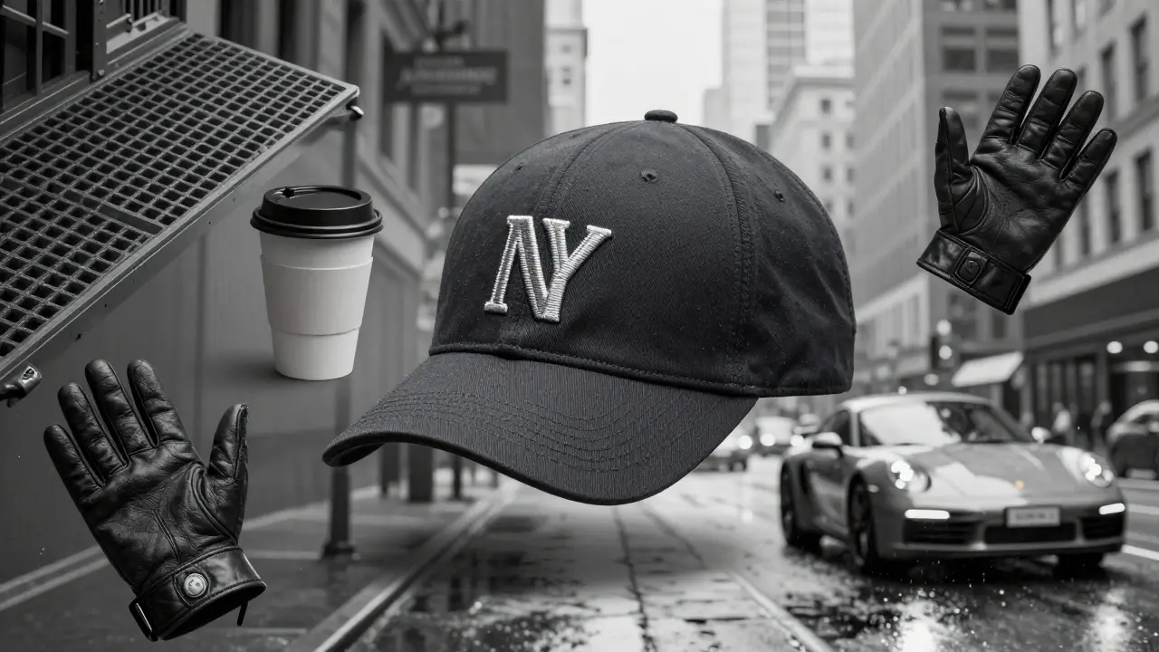 Gorra Porsche NY flotando sobre símbolos urbanos como cafés, guantes y un coche borroso.