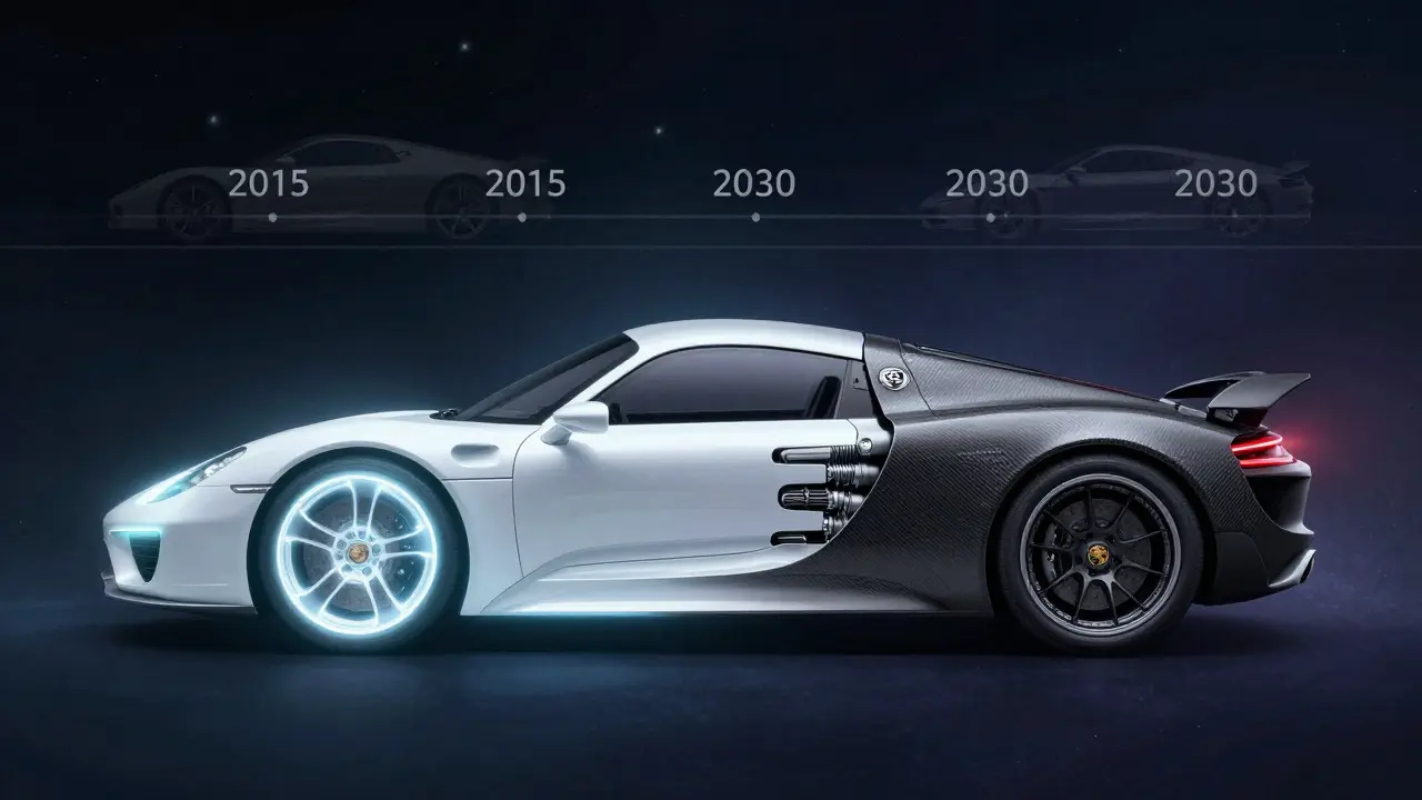 Ilustración conceptual del 918 Spyder como puente entre motores de combustión y eléctricos.