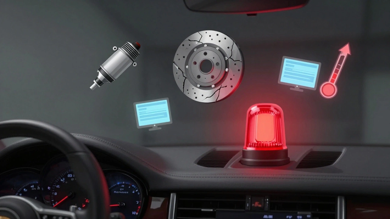 Interior de un Porsche Cayenne con luces de advertencia y símbolos de reparaciones costosas flotando.