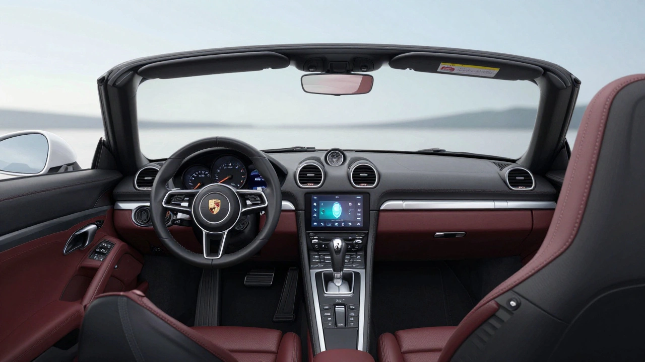 Interior del Porsche 718 Boxster con volante de cuero, pantalla táctil y asientos deportivos, iluminación suave y techo abierto.