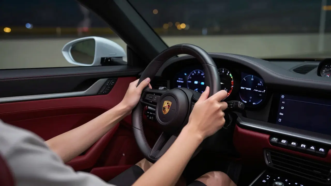 Interior del Porsche 911 Carrera 2025 con volante de cuero y pantalla central iluminada.