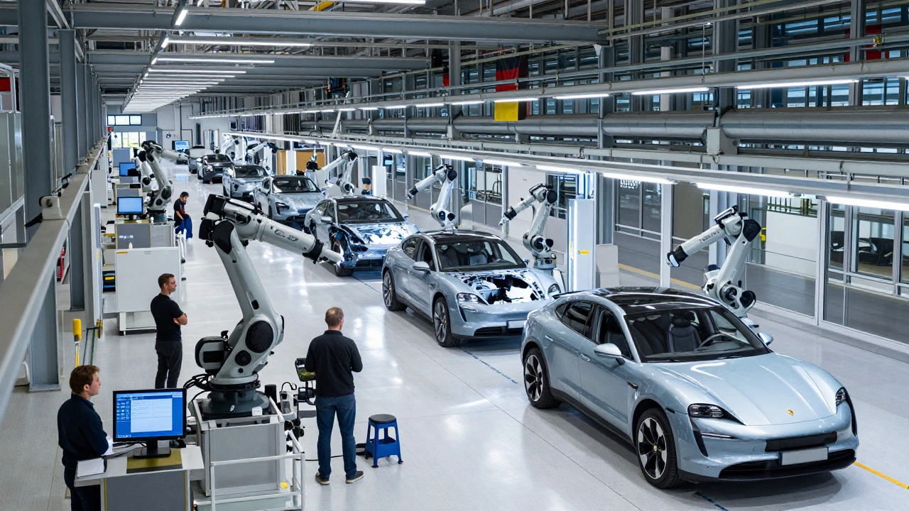 Línea de montaje automatizada en Leipzig produciendo Porsche Cayenne y Taycan.