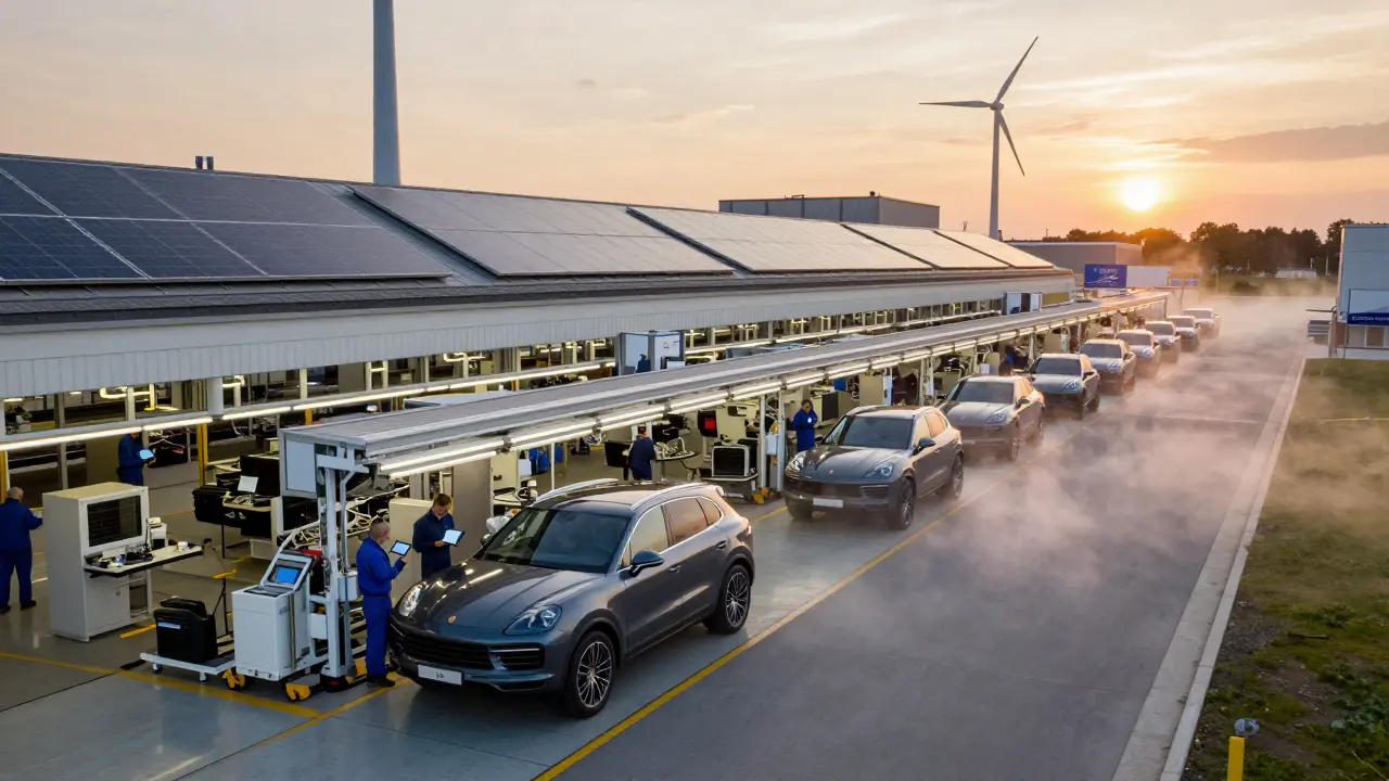 Línea de producción de SUVs Porsche en Leipzig con energía renovable y techos solares.