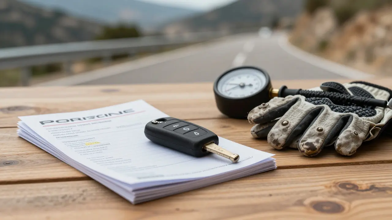 Llave de Porsche sobre recibos de mantenimiento y guantes de conducción, simbolizando el costo de propiedad.