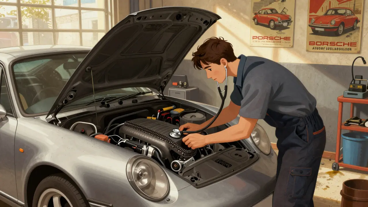 Mecánico inspeccionando la cadena de distribución de un Porsche 911 997 en un taller especializado.
