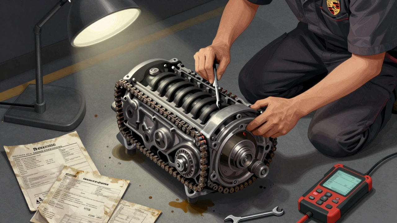 Mecánico revisando la distribución de un motor Porsche 996 en un taller, con facturas de servicio alrededor.