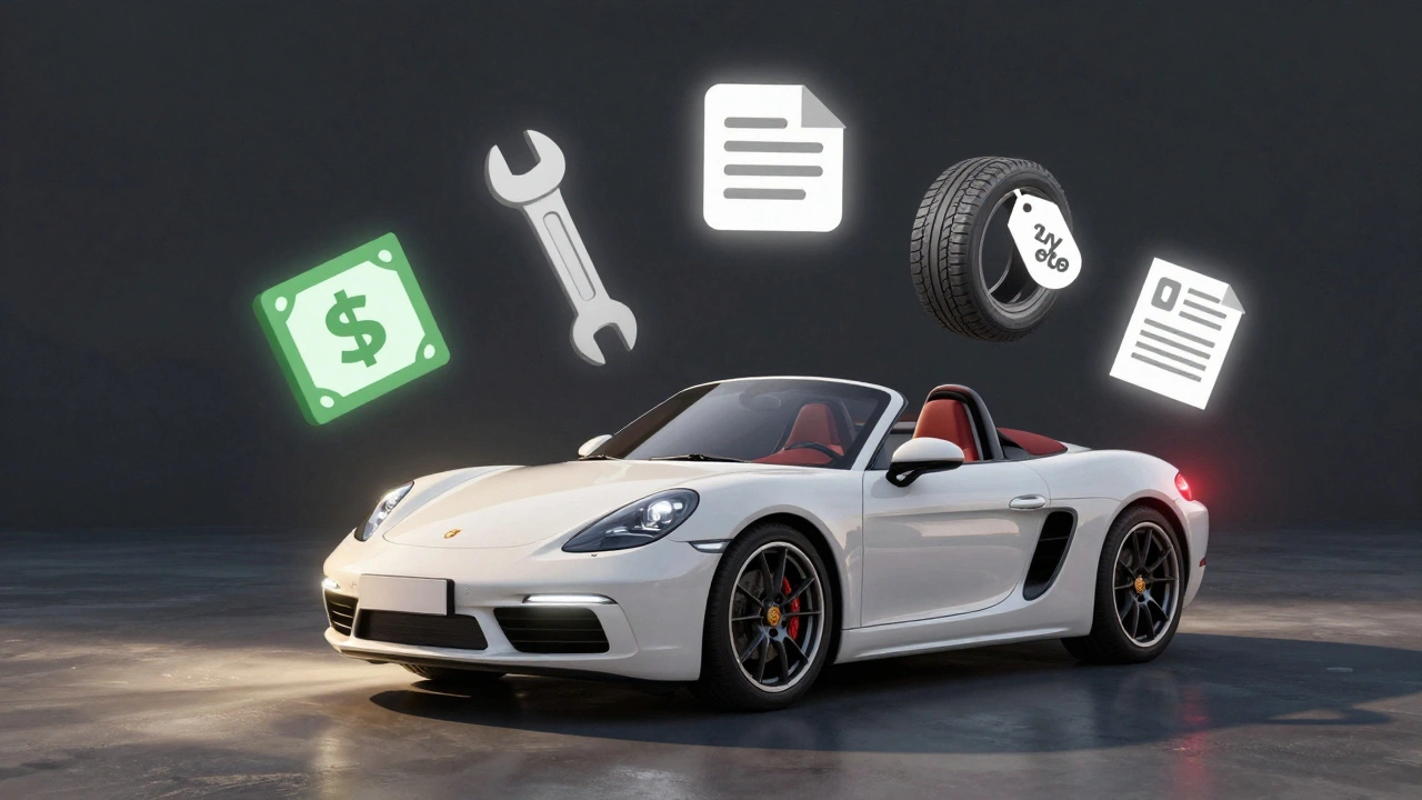 Porsche 718 Boxster rodeado por íconos de costes ocultos: seguro, mantenimiento, neumáticos e impuestos, mientras el coche brilla como inversión.