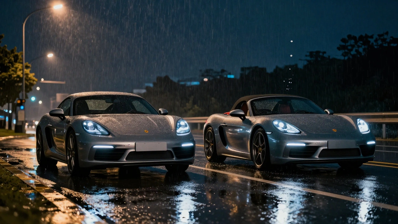 Porsche 718 Cayman y Boxster estacionados lado a lado en carretera mojada de noche, con reflejos de luces urbanas y gotas de lluvia.