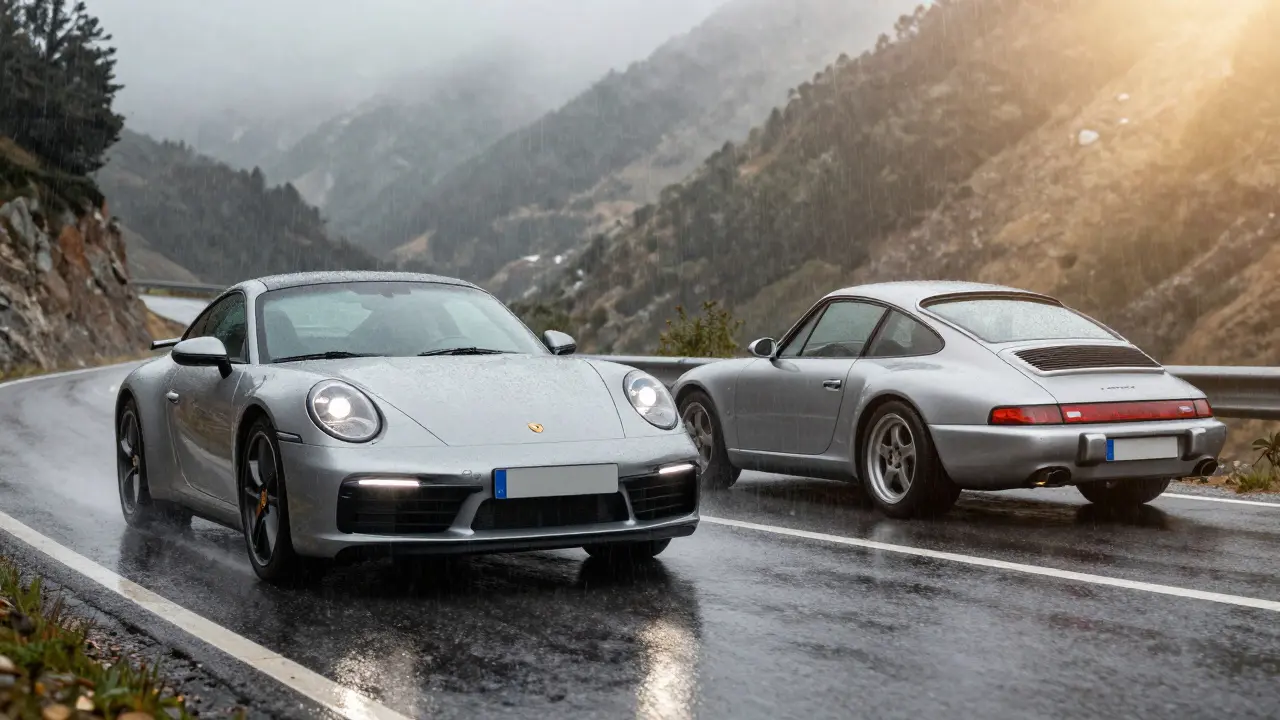Porsche 911 Carrera 4 conduciendo por una carretera montañosa lluviosa en España.