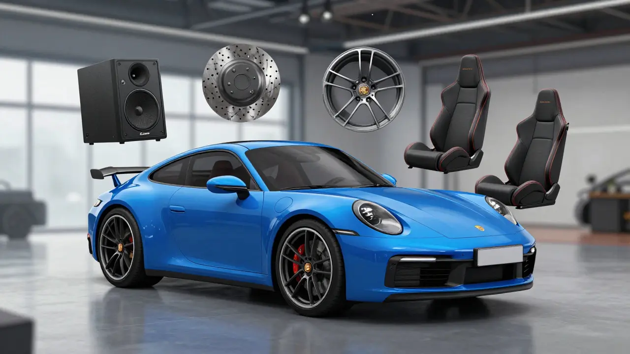 Porsche 911 Carrera S en azul Carrera con opciones de lujo flotando alrededor.