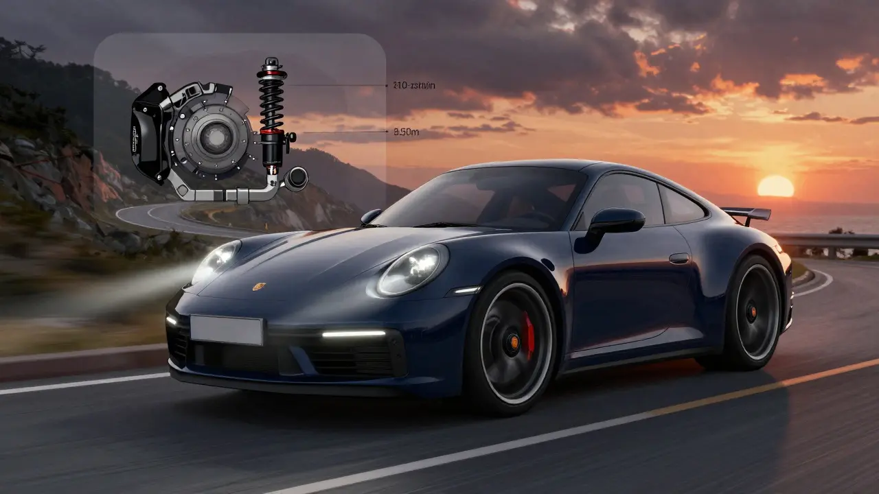 Porsche 911 Carrera S en movimiento por una carretera costera al atardecer, con llantas más anchas y acabados en negro.