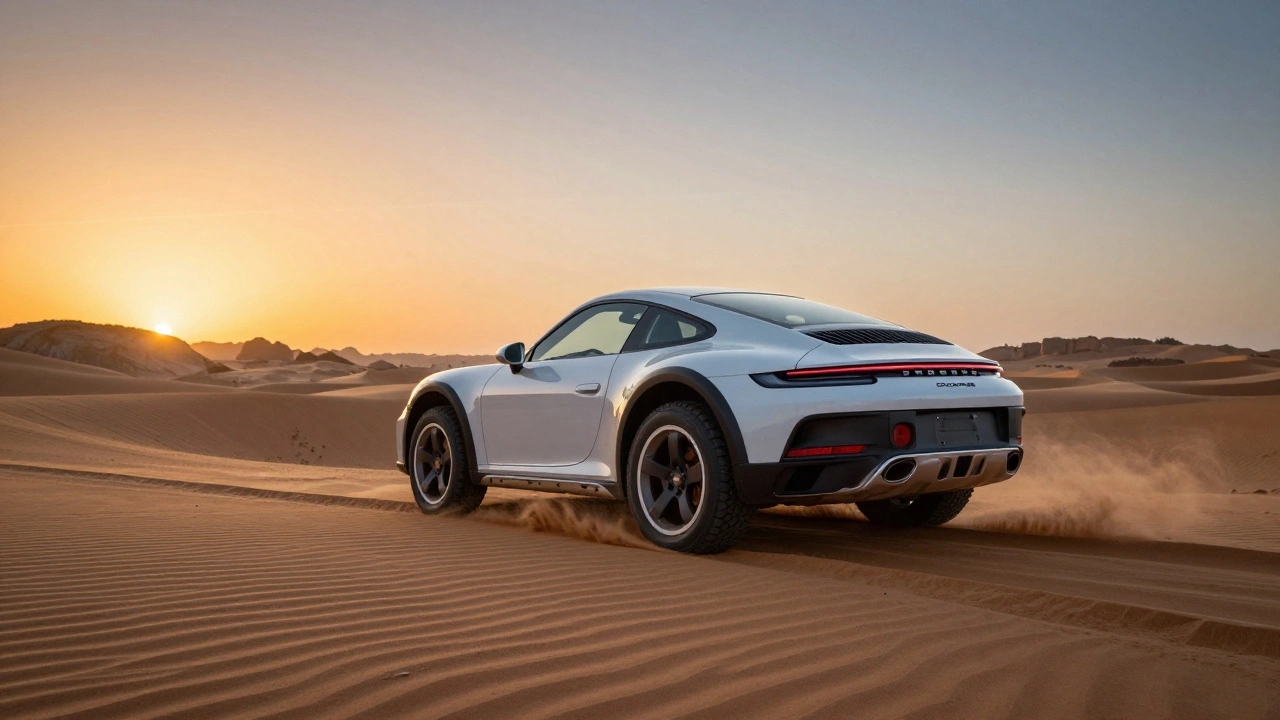 Porsche 911 Dakar saliendo de una duna desértica al amanecer, con arena y suspensión elevada.