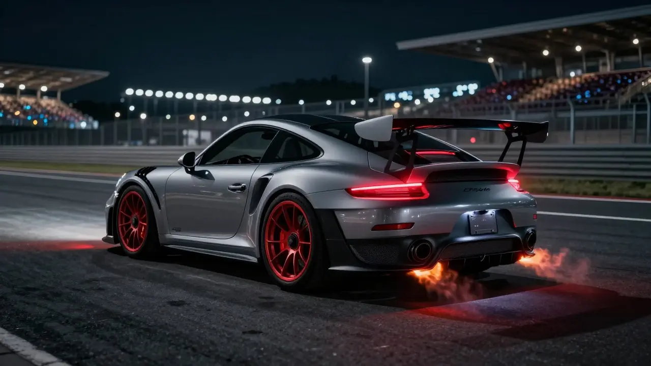 Porsche 911 GT2 RS en una pista de carreras nocturna con frenos rojos brillantes y llamas de escape.