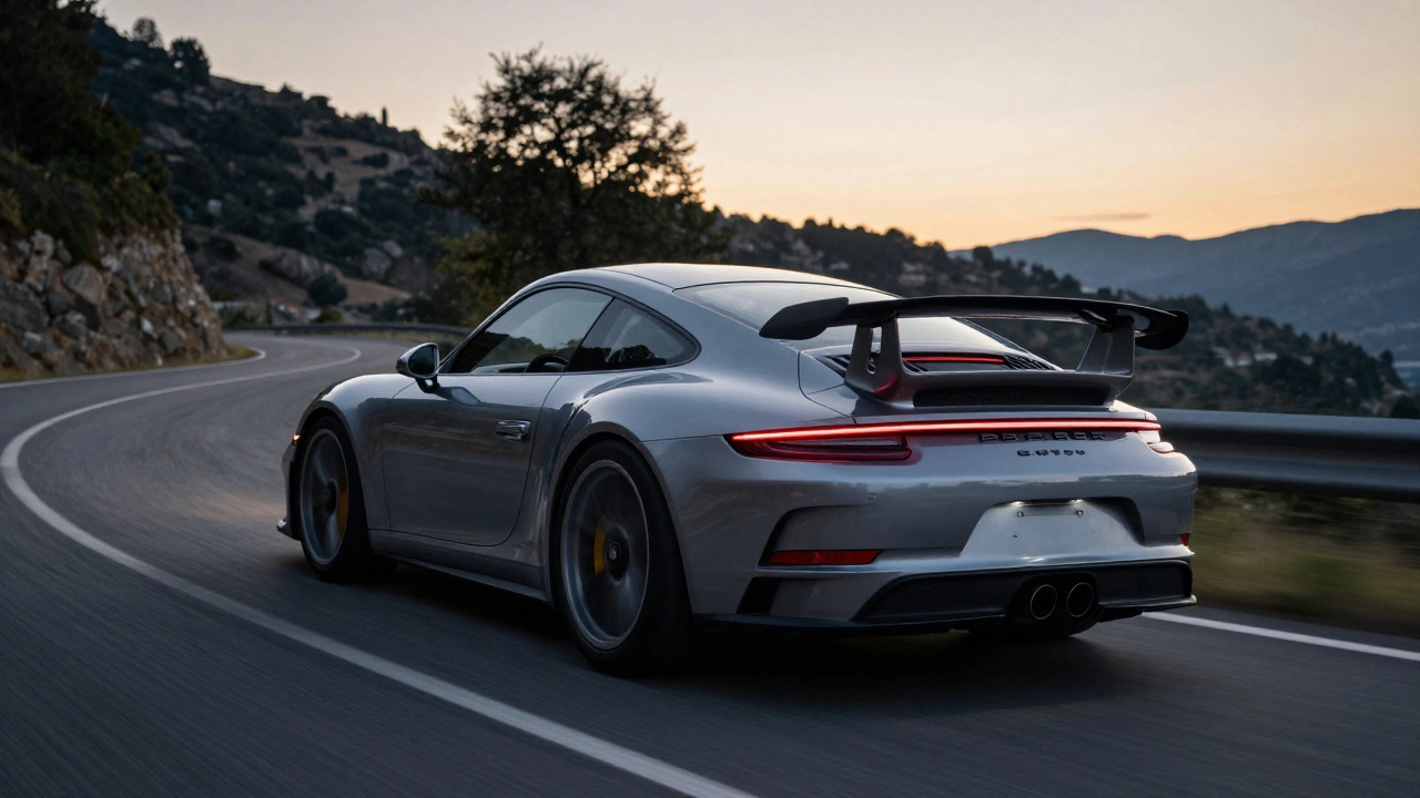 Porsche 911 GT3 acelerando en una carretera de montaña al atardecer, con el motor rugiendo a altas revoluciones.