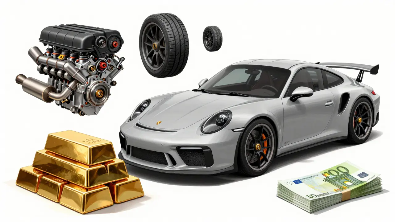 Porsche 911 GT3 comparado con oro y euros, con piezas mecánicas flotando alrededor como símbolo de su valor.