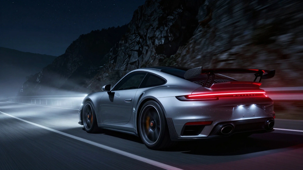 Porsche 911 Turbo S de noche en una curva de montaña, con luces encendidas y niebla.